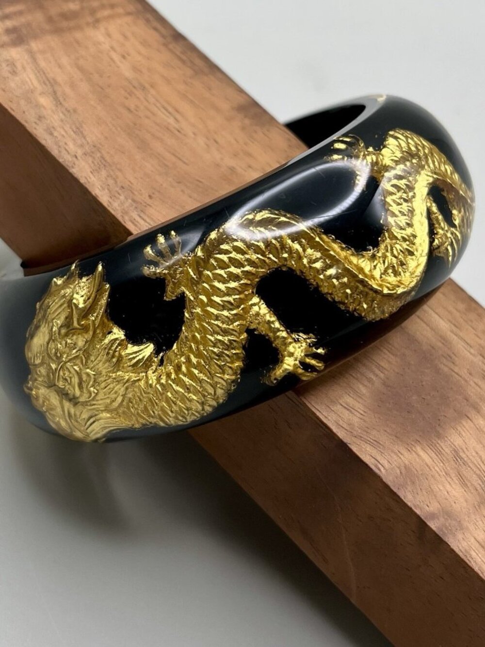 Vintage Black Lucite Bangle Bracelet Gold Dragon Asian Revival Chunky Rare